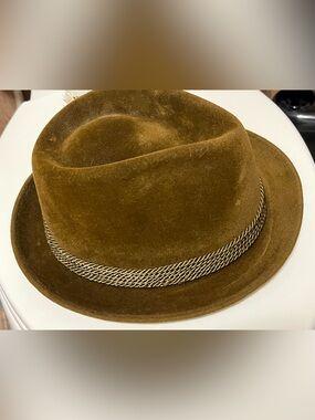 Byron Lars Olive Brown Velvet Fedora with Gold Chain